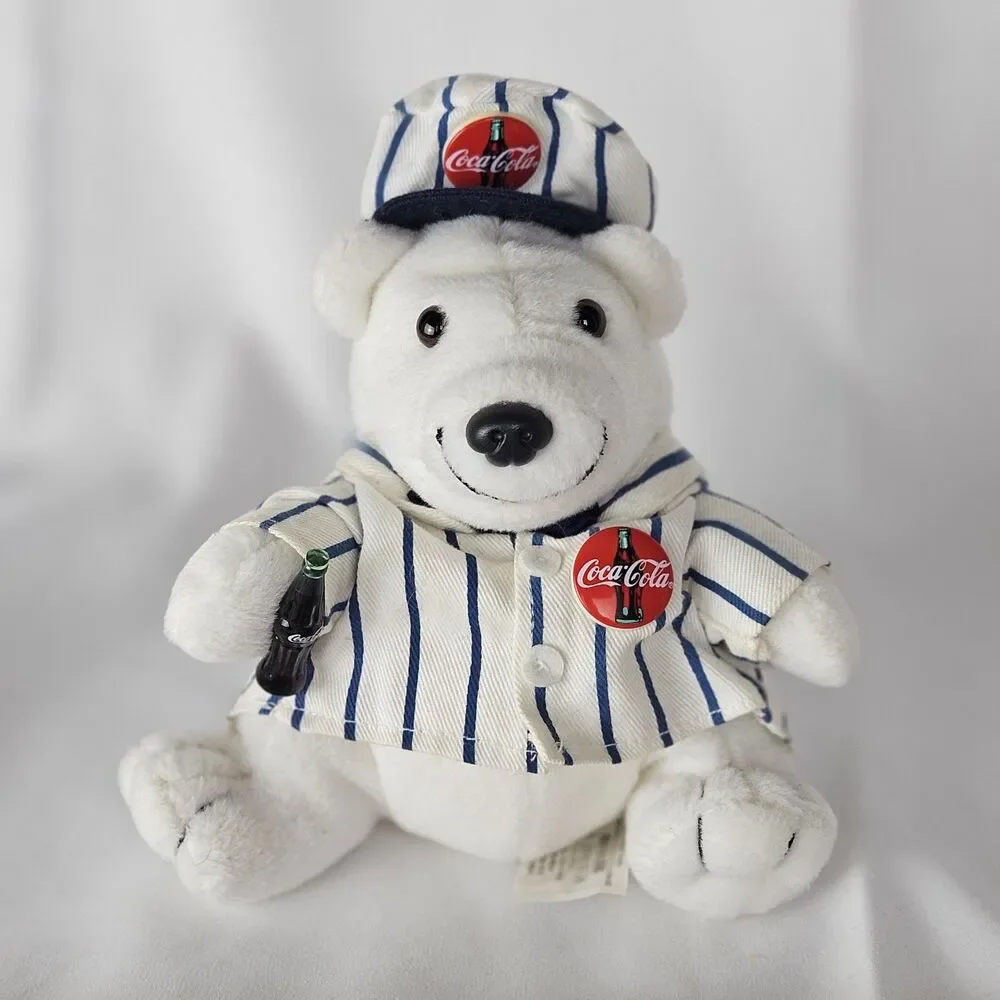 RARE Vintage 1998 Coca Cola Polar Bear in Striped Delivery Suit W/Bottle #1066